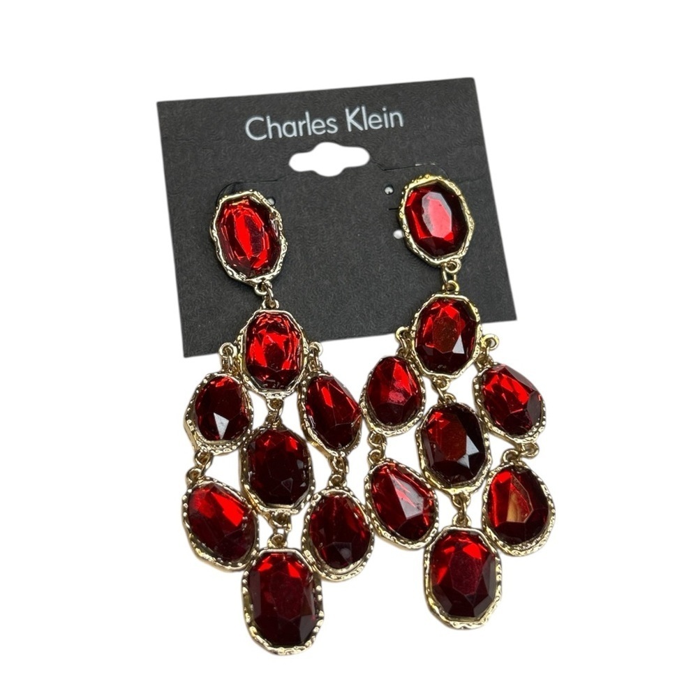 Charles Klein Gold Plated Garnet Dangling Earrings